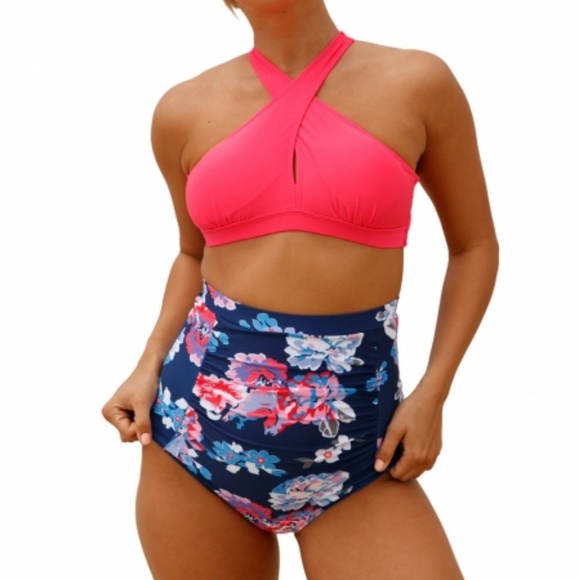 Other - Pink Cross Front Bikini Vintage Floral High Wai